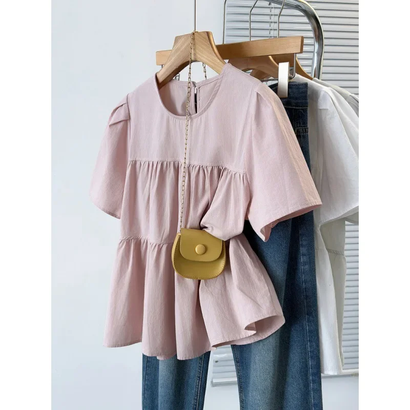 Plus Size French Sweet round Neck Short Sleeve Shirt Women's Summer Puff Sleeves Doll Shirt Chubby Girl Belly Covering Slim