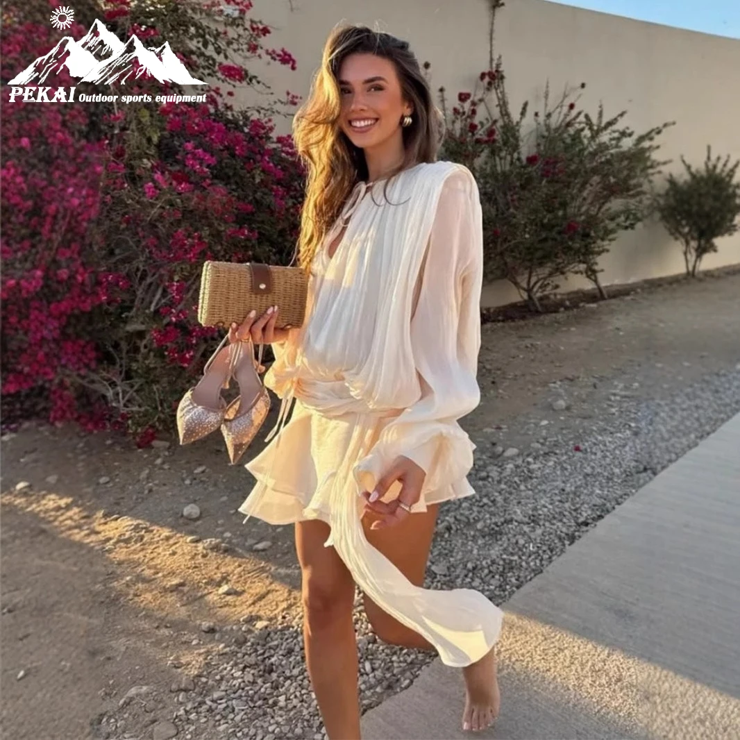 

Шифоновое платье с длинными рукавами в европейском и американском стиле, новинка лета 2023 года, короткая юбка на шнуровке с рукавами-фонариками, платье с рюшами по краям