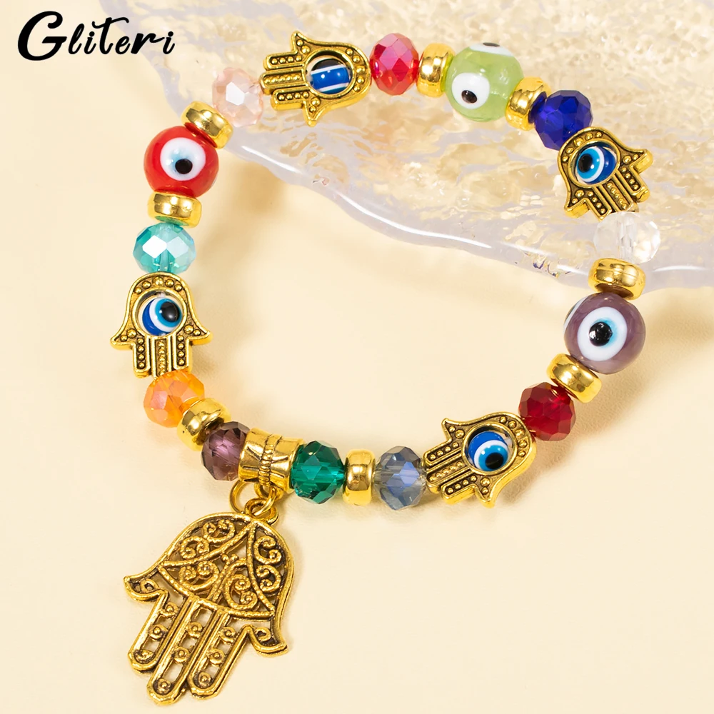 

GEITERI Vintage Devil's Eye Colorful Beads Bracelets For Women Girls Bohemia Gold Color Palm Pendant Bangles Charm Jewelry Gifts