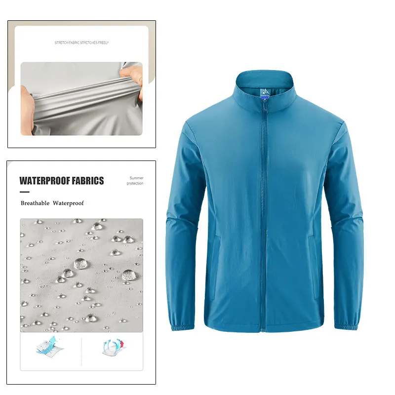 سترة رياضية خارجية للرجال للحماية من الشمس مقاومة للماء بلون سادة سترة جري للرجال للربيع والخريف بياقة واقفة سترة رياضية #4