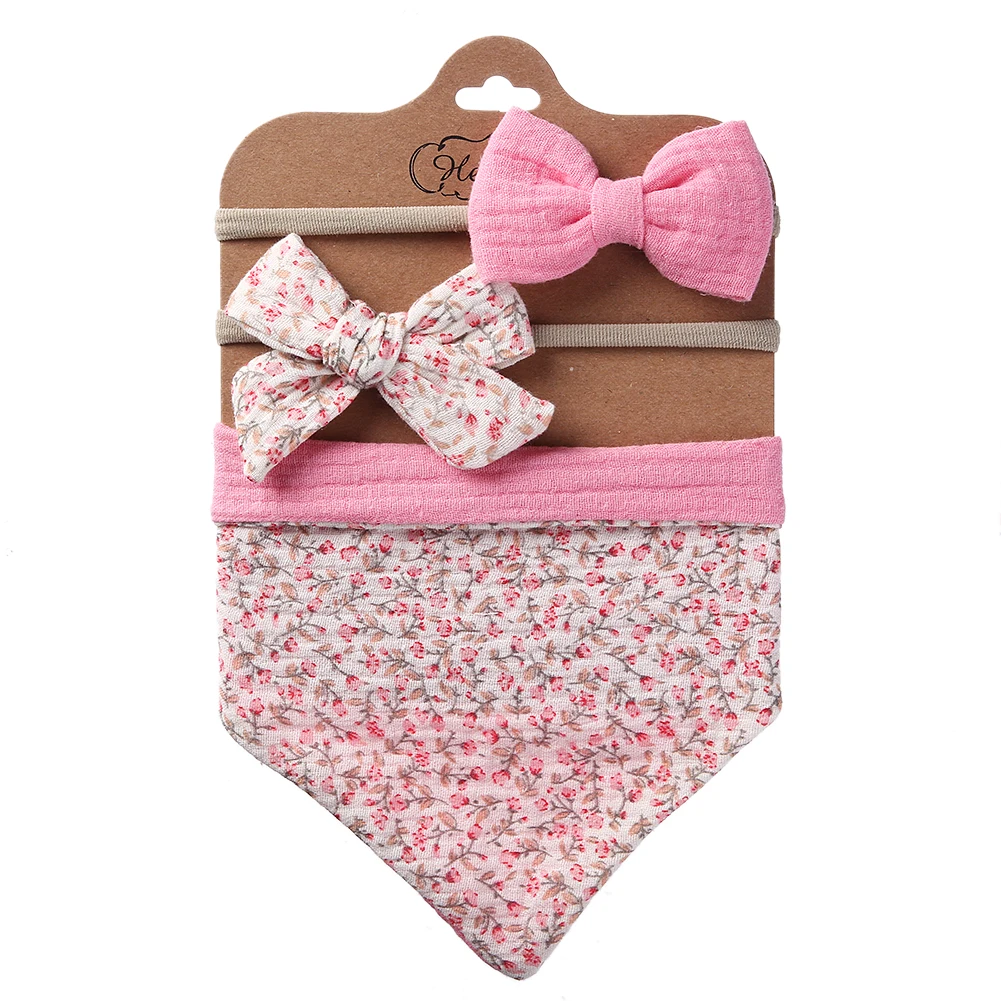 Bavoir en coton mousseline pour bébé, ensemble de 3 pièces, bandeau avec nœud, bouton ajustable, Triangle, serviette de salive imprimée, pour bébé garçon et fille