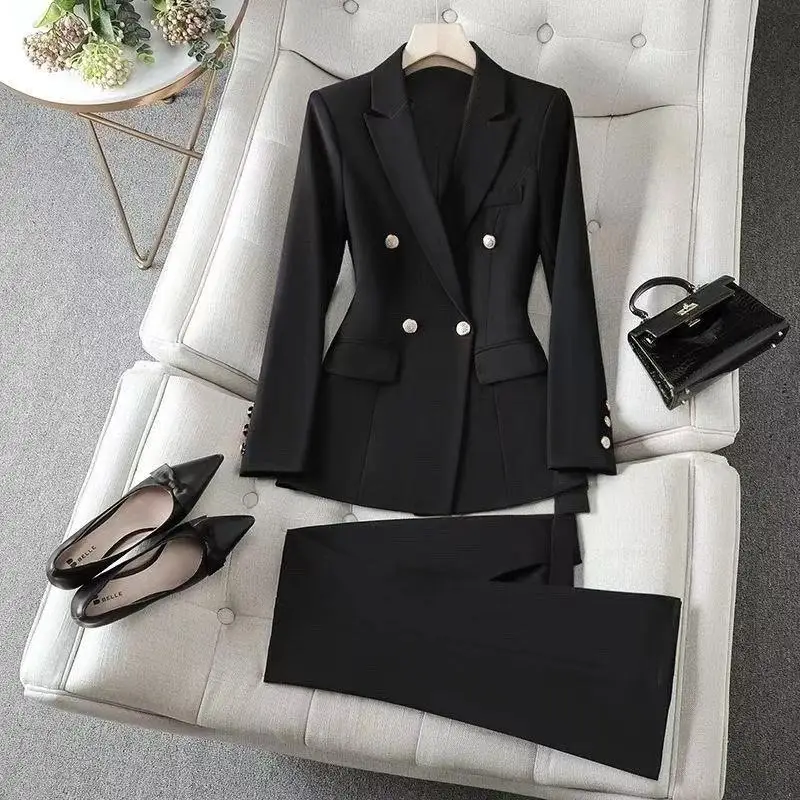 Spring Autumn Professional Women's Suit Set Black Slim Fit Career Outfit Design Sensation Two Piece Set Fashionable Workwear