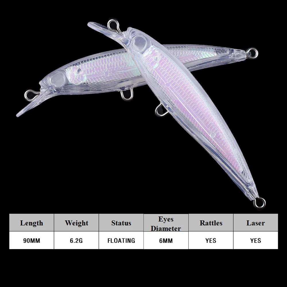 Chan’sHuang 20PCS Unpainted Blank Bait Shallow Diver Holographic Rattle Minnow 9cm 6.2g DIY Handmade Artificial  Fishing