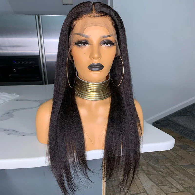 

Натуральный Черный Яки Прямые 26 Дюймов 180% Плотность 13*4*1 Парики Фронта Шнурка Для Женщин С Волосами Младенца Синтетическое Волокно Парики Для Повседневного Ношения