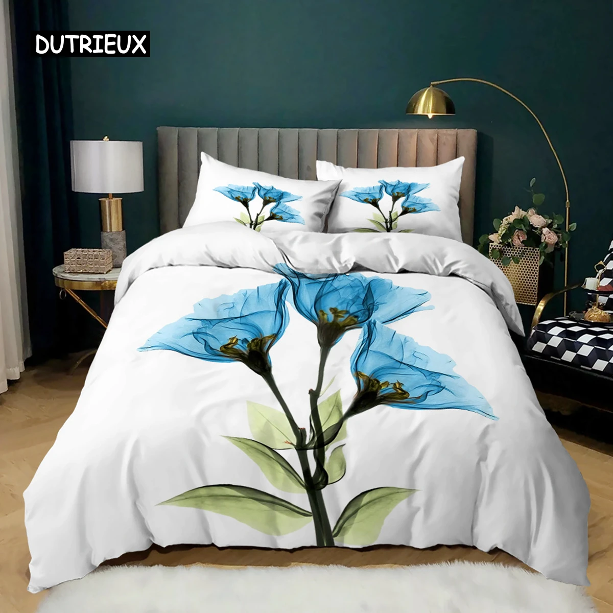 Morning Glory Duvet Cover Set Queen King Size Blue Morning Glory 2/3 Pcs Soft Microfiber Bedding Set Flower Theme Quilt Cover