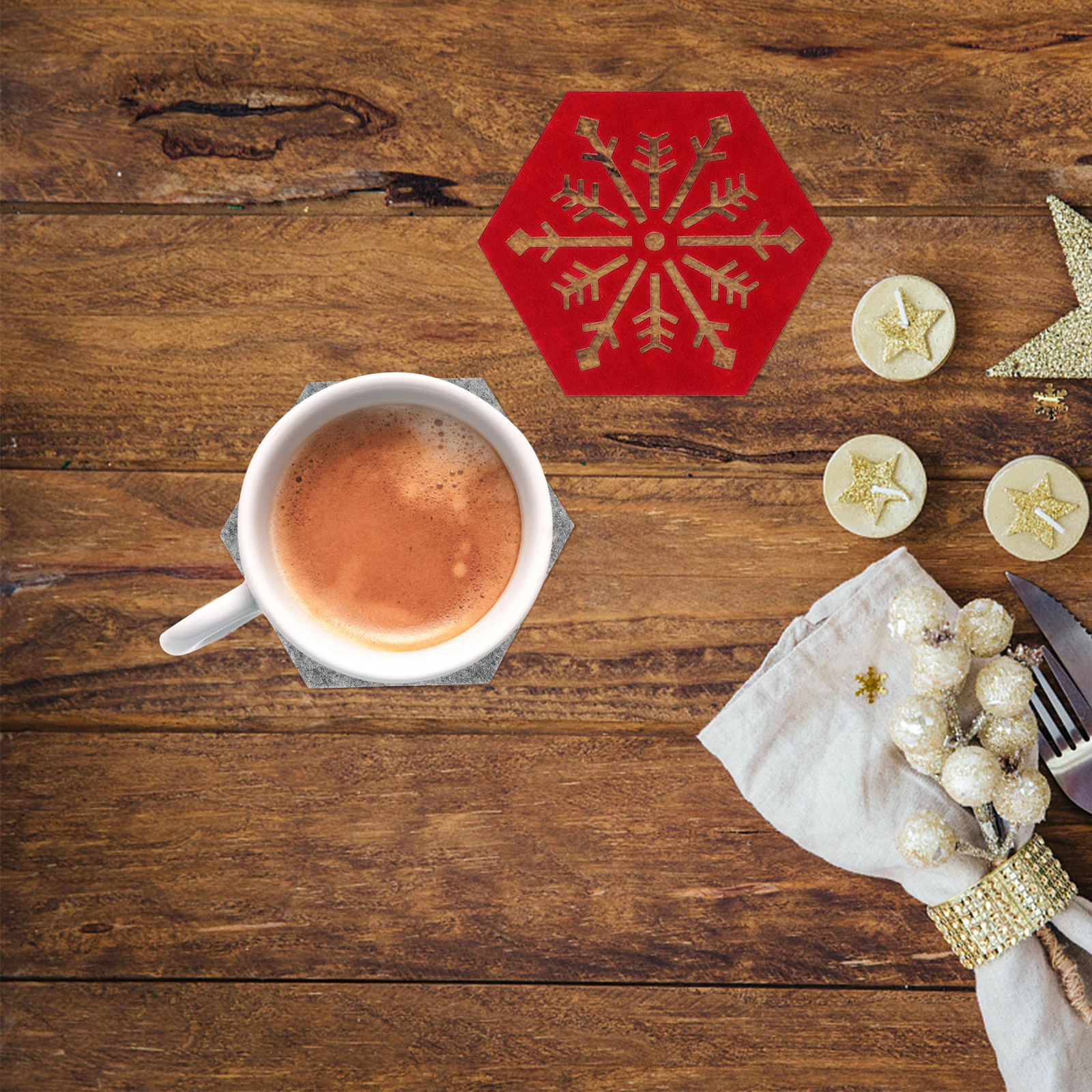 

4pcs Christmas Hexagon Placemats Snowflake Pattern Cup Mats Heat Resistant Anti Skid Table Mats For Home Cafe Party Decoration