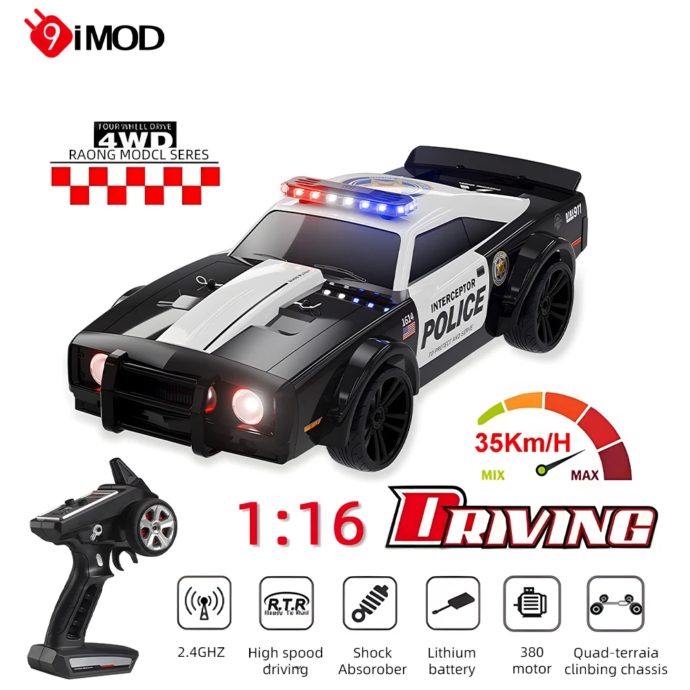 

9IMOD 1:16 RC Car 35KM/H High Speed Vehicle RGB Light Dual Replace Tires Racing Drift Car SG-1614 Remote Control Muscle Police