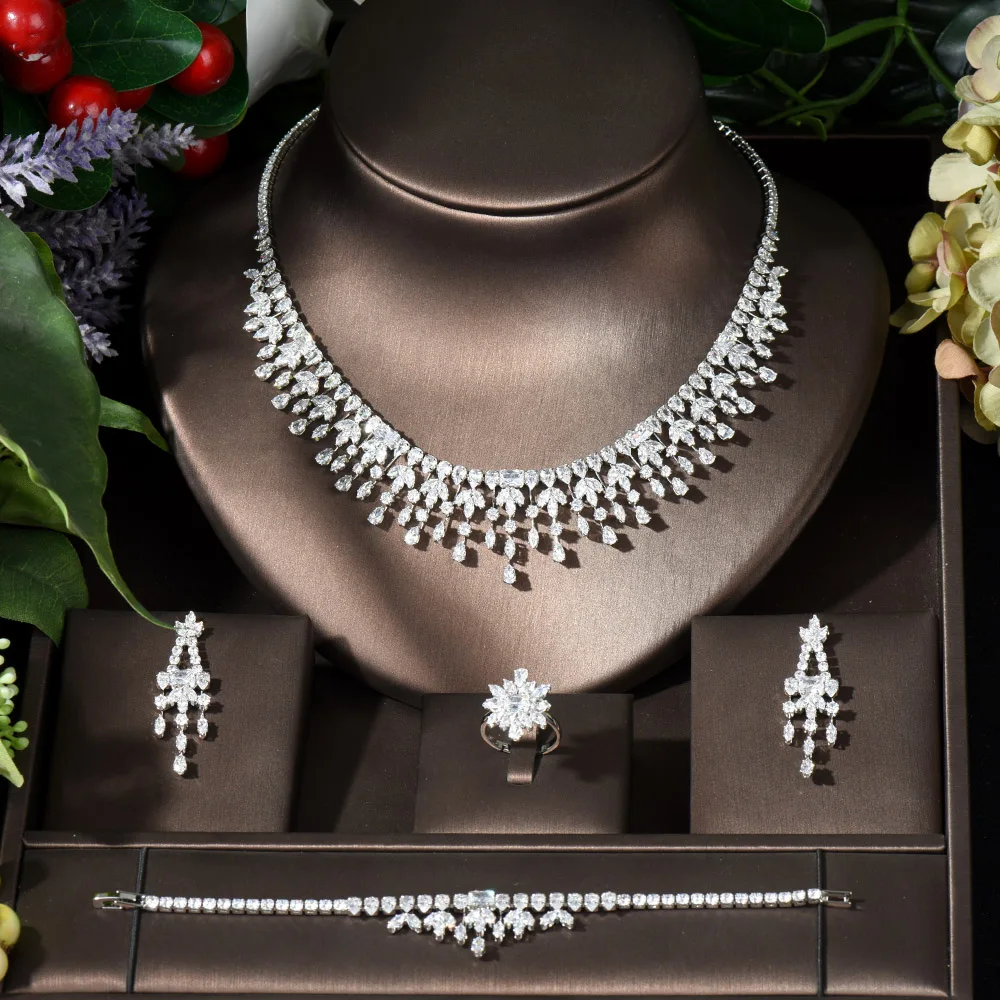 HIBRIDE New Dubai Jewelry Sets Leaf Design Bridal Necklace Earring Set AAA Cubic Zirconia femme Ladies Wedding Accessories N-242