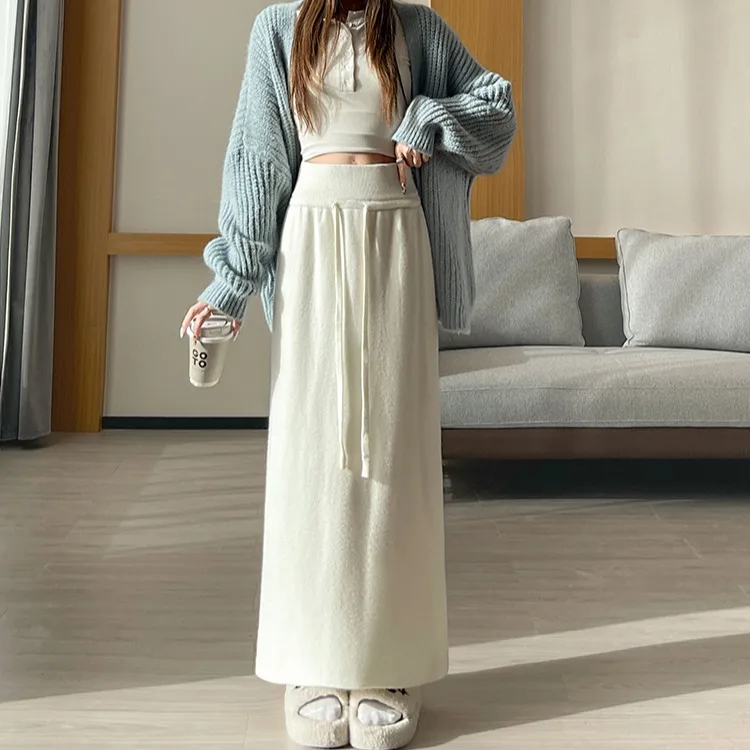 ارتفاع الخصر محبوك منتصف طول تنورة المرأة الخريف الشتاء Faion الكورية Sle f طول سترة سترة Dr #3