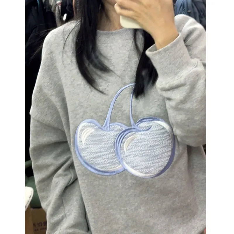 

HOUZHOU Vintage Grey Graphic Sweatshirt Women Korean Fashion Round Neck Pullover Harajuku Streetwear Hoodie Oversize Embroidery