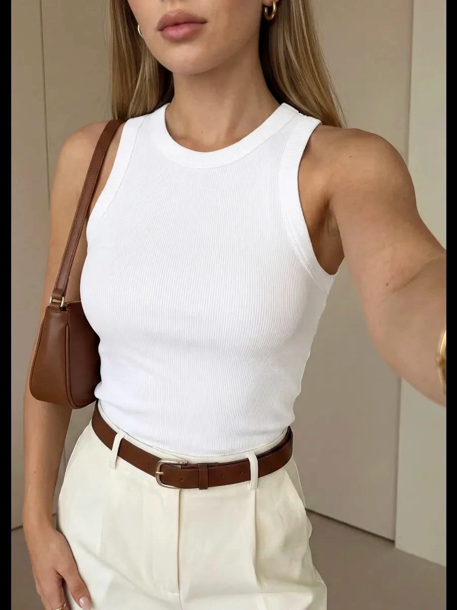 Solid Basics Women Korean Vest Summer Fashion Sleeveless Clothing Casual Thread Singlet Breathable Soft Top Commute Daily Tee