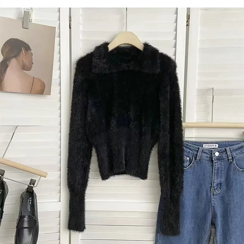 Coreano elegante cor sólida curto malha topo chique gola polo manga longa camisola de pelúcia casual fino ajuste pulôver doce malhas