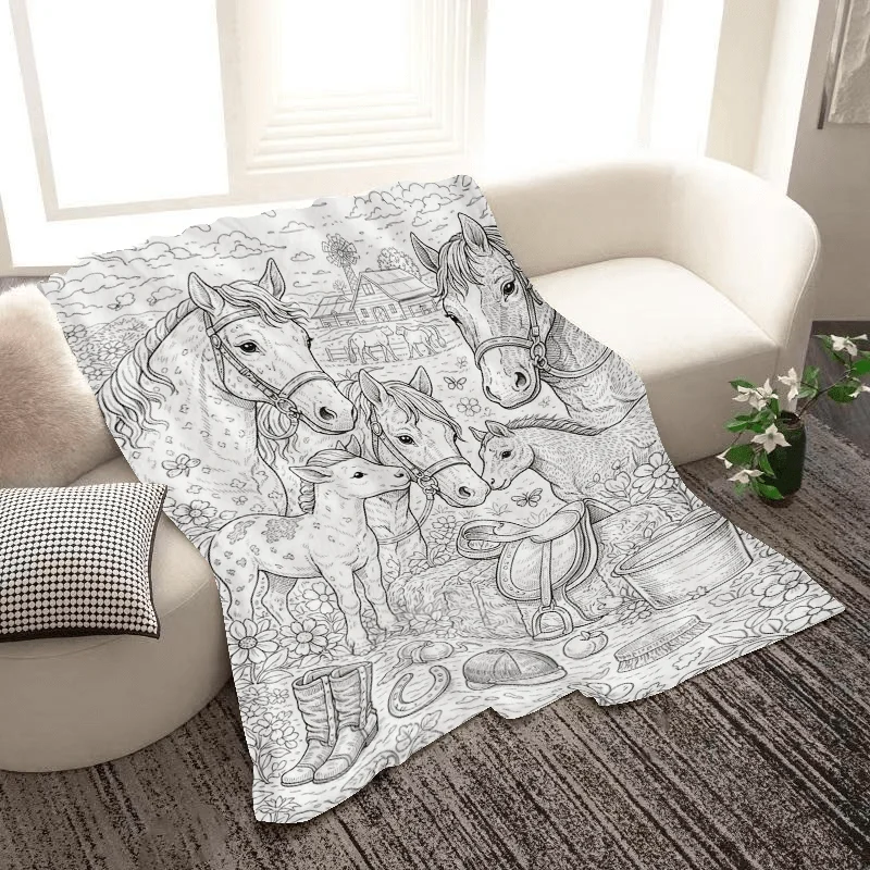 Rustic Horse Sketch Pattern Throw Blanket Cozy Couch Decor Gift Equestrian Farm Animals Woodland Home Decor