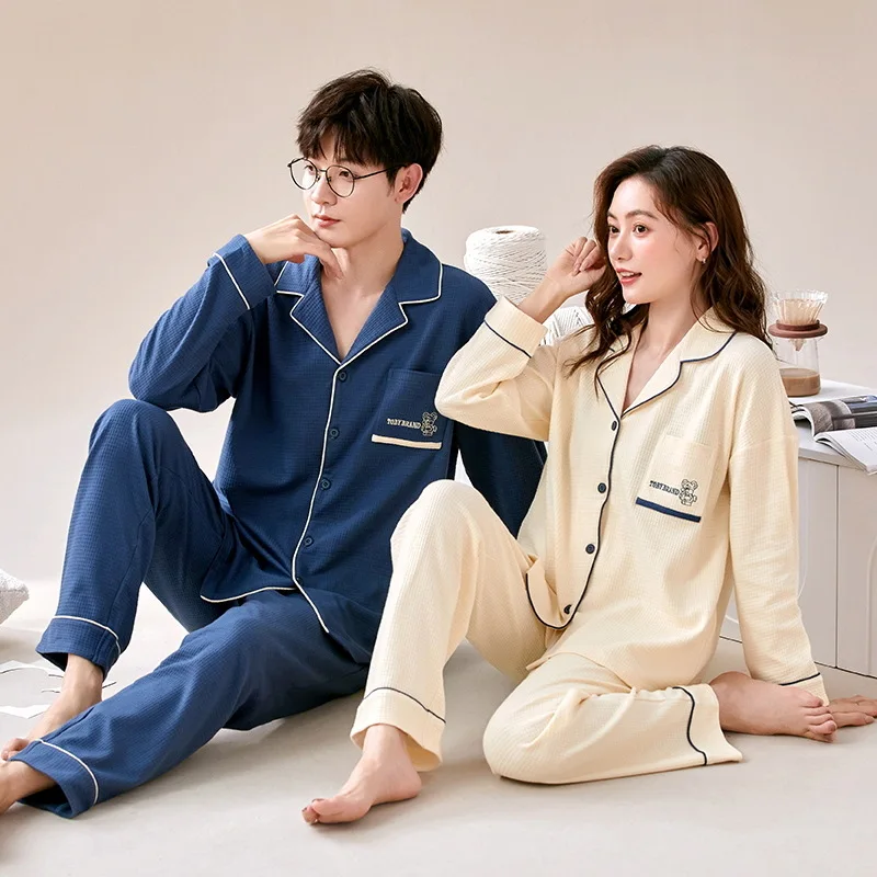 Korean Waffle Cardigan Homewear Women and Men Matching Nightwear Long Pant Pijamas Set Lovers Loungewear pijamas para parejas