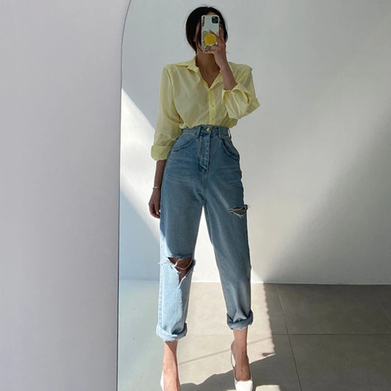 Jeans de Pierna Recta de Cintura Alta Es, Diseño con Bolsillos de Botones, Mezclilla da, Versátiles, Jeans de Temp...