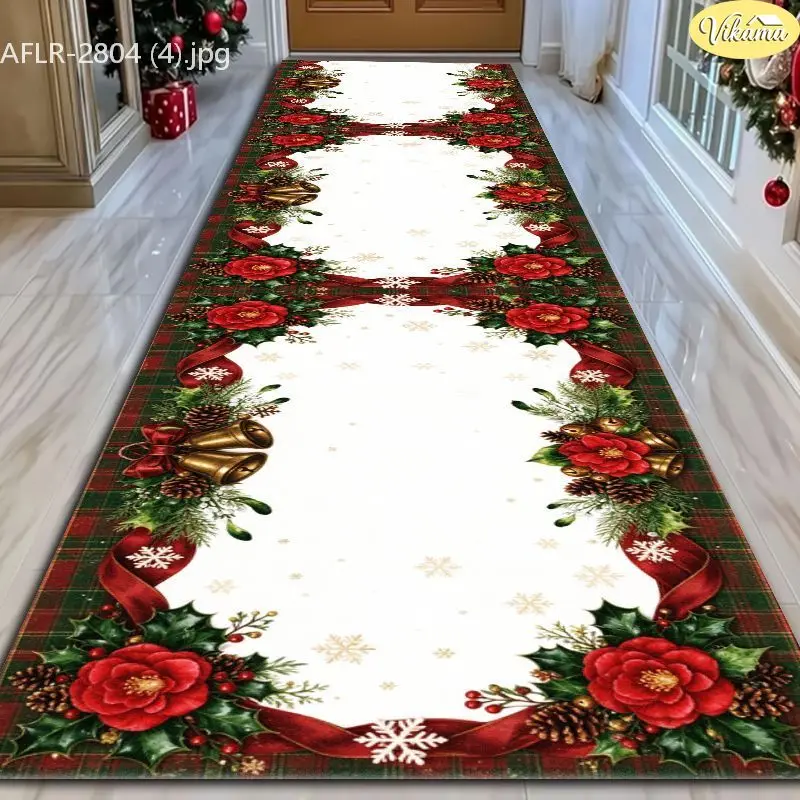 VIKAMA Forest Check Red Rose Bell Velvet Hallway Runner Non Slip Floor Mat for Holiday Soft Cozy Aesthetic Decorative Home Decor