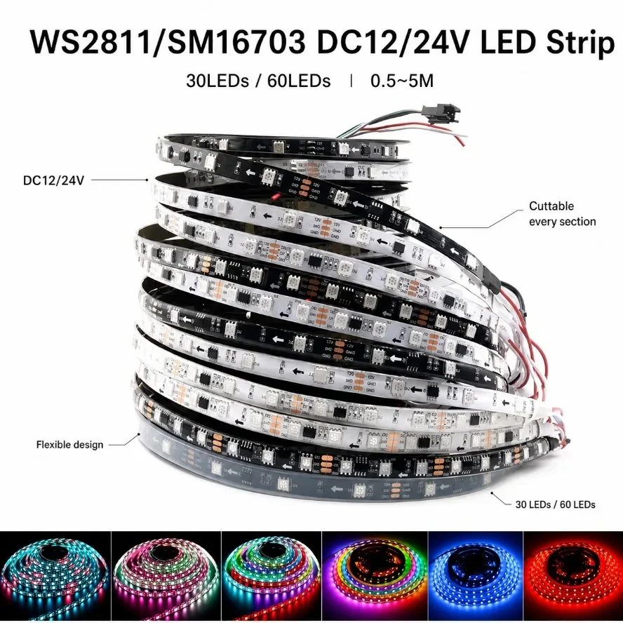 WS2811 SM16703 RGB LED Strip DC12V 24V 30LEDs 60LEDs/M Color Flexible Light Tape 0.5‑5M Cuttable Black White PCB for Home Decor