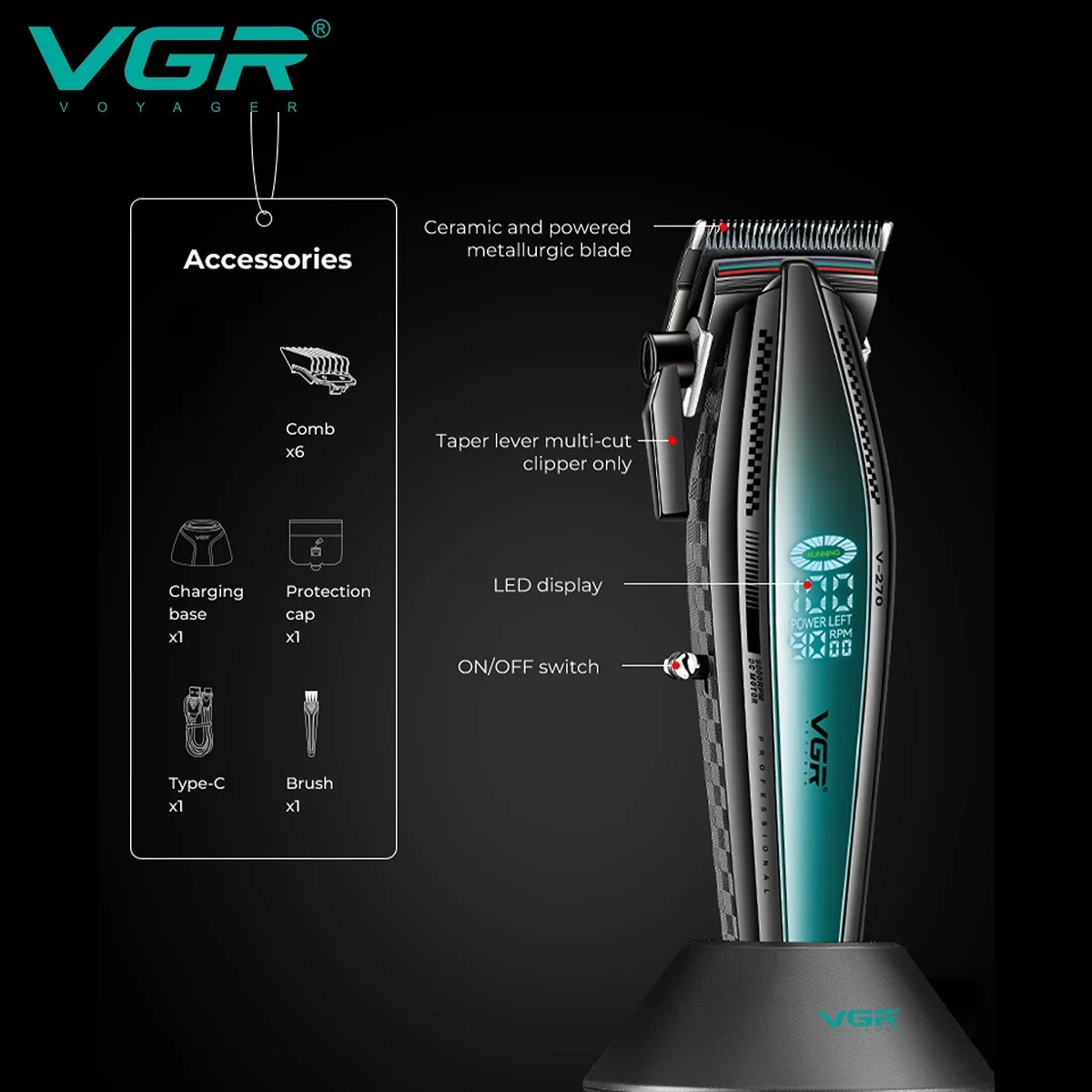 VGR Hair Trimmer Professional Barber Clippers Metal Haircut Trimmer Hair Cutting Machine 9000 RPM Electric Trimmer for Men V-270