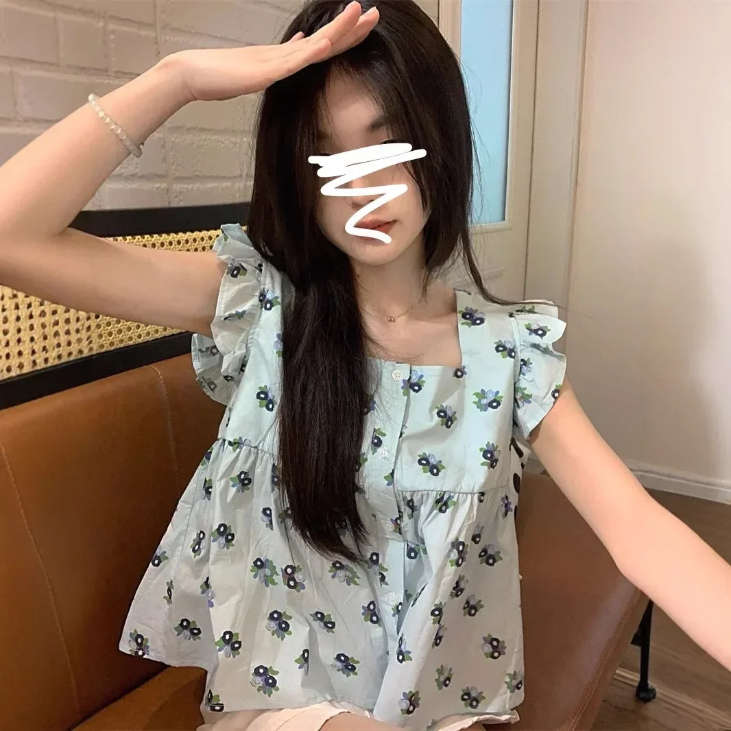 Pop Pop French Style Square Collar Mini Sleeve Plaid Shirt Women Summer Korean Gentle Spicy Fashionable Age Reduction Sleeveless