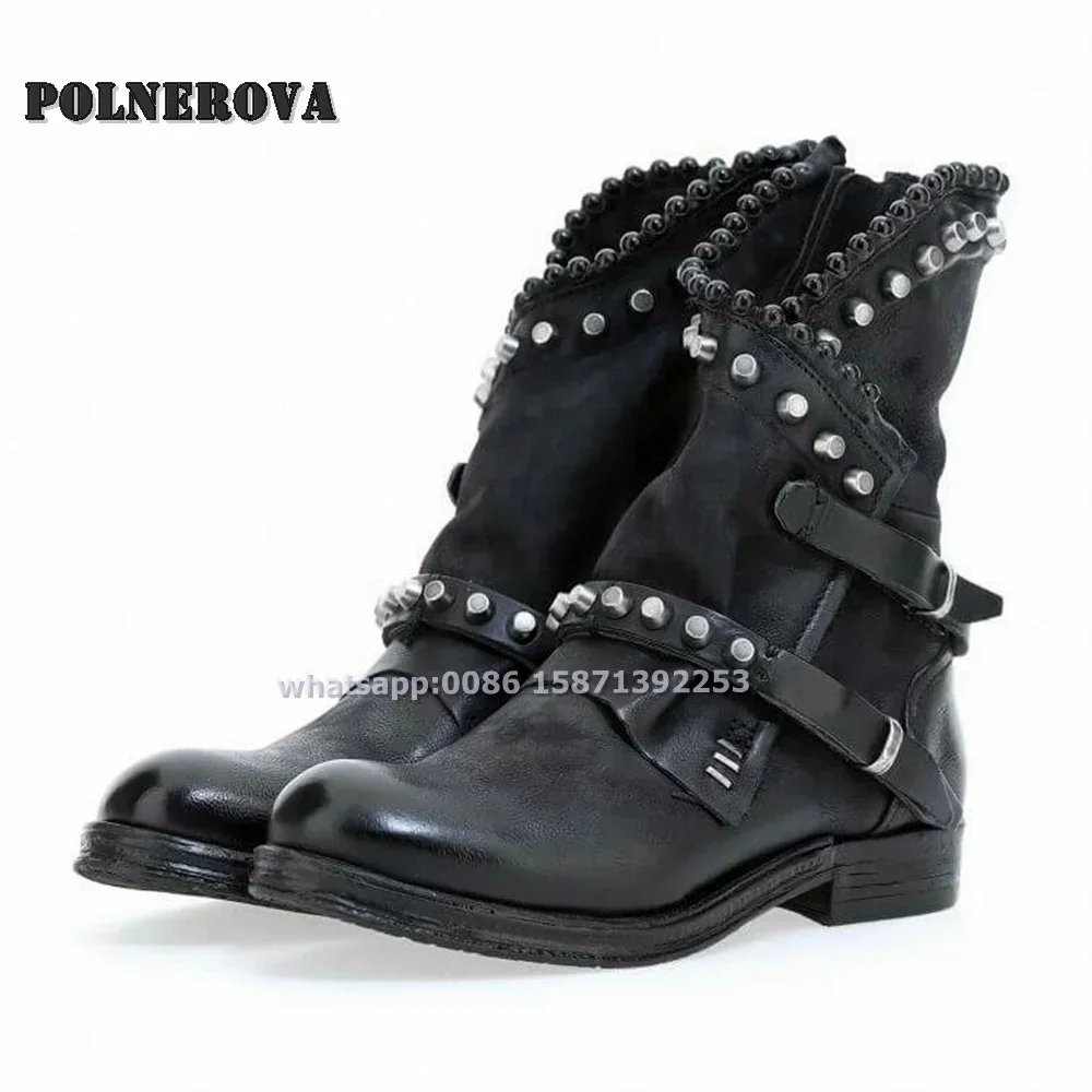 Rivet Daily Solid Color Ankle Boots Round Toe Chunky Heel Belt Buckle Punk Fashion Boots Zipper Closure Retro Shoes 2024 Autumn