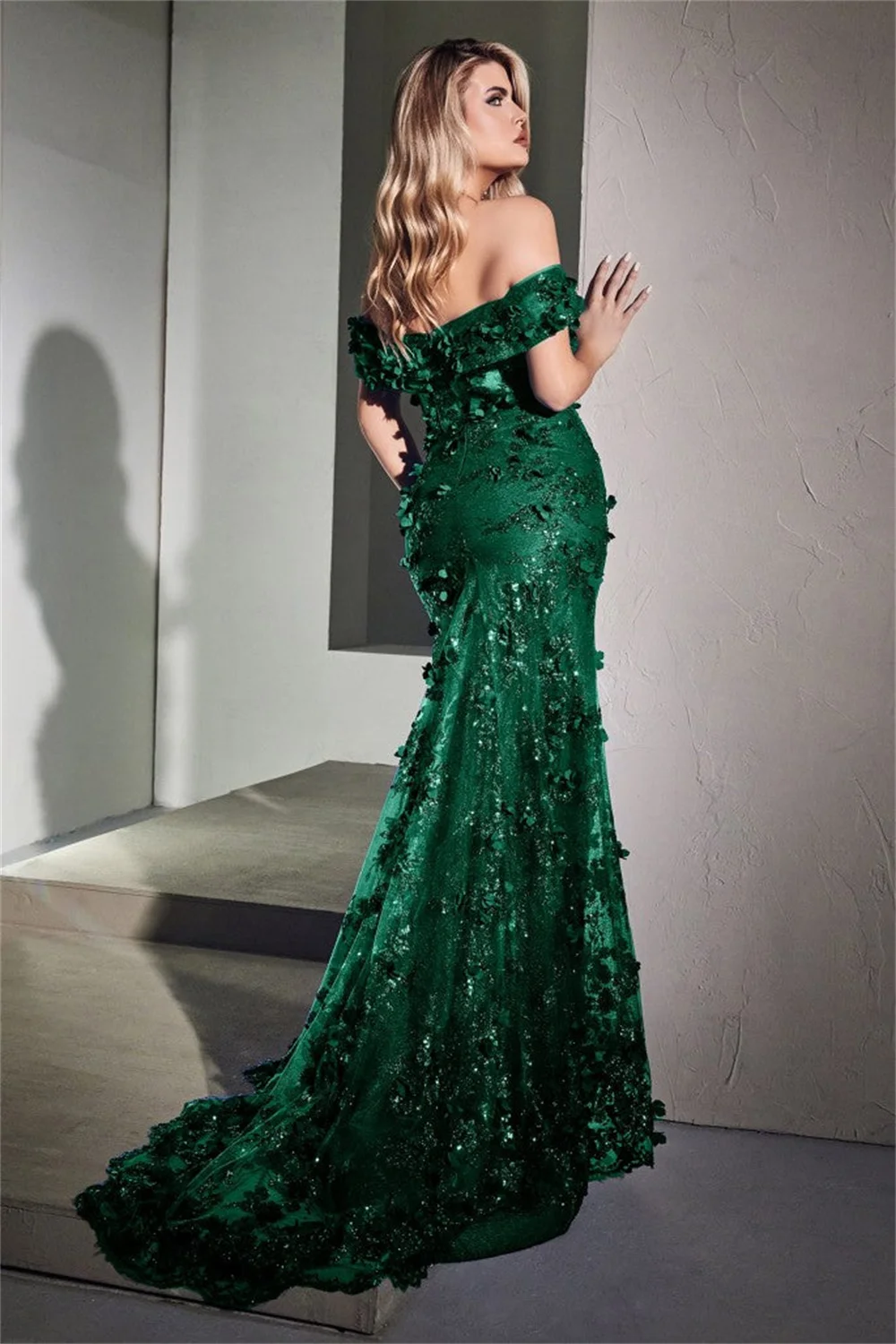 Cathy Luxury 3D Lace Embroid Prom Dress Dark Green Party Dresses Off Shoulder Vestidos De Noche Side Split Trumpet فساتين السهرة