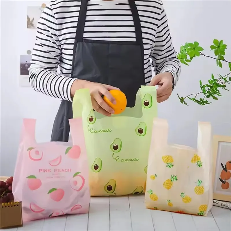 50/100 Stück bunte Plastiktüten mit Griffen, niedliches Fruchtmuster, für Küche, Einkaufen, Party, Geschenkverpackung, Aufbewahrung zu Hause, Müllbeutel – Detail 5