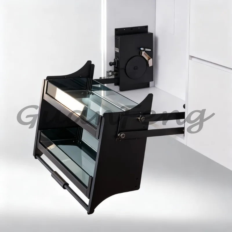 Double‑Layer Glass Pull‑Down Lifting Basket with Damping Buffer, Kitchen Wall‑Hung Cabinet Up‑Down Organizer for Spice Seasoning