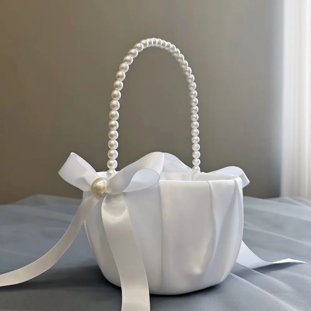 

20 Cm White Flower Girls Basket Pearl Bow Kids Hand Held Wedding Basket Wedding Ceremony Silk Party Decorations