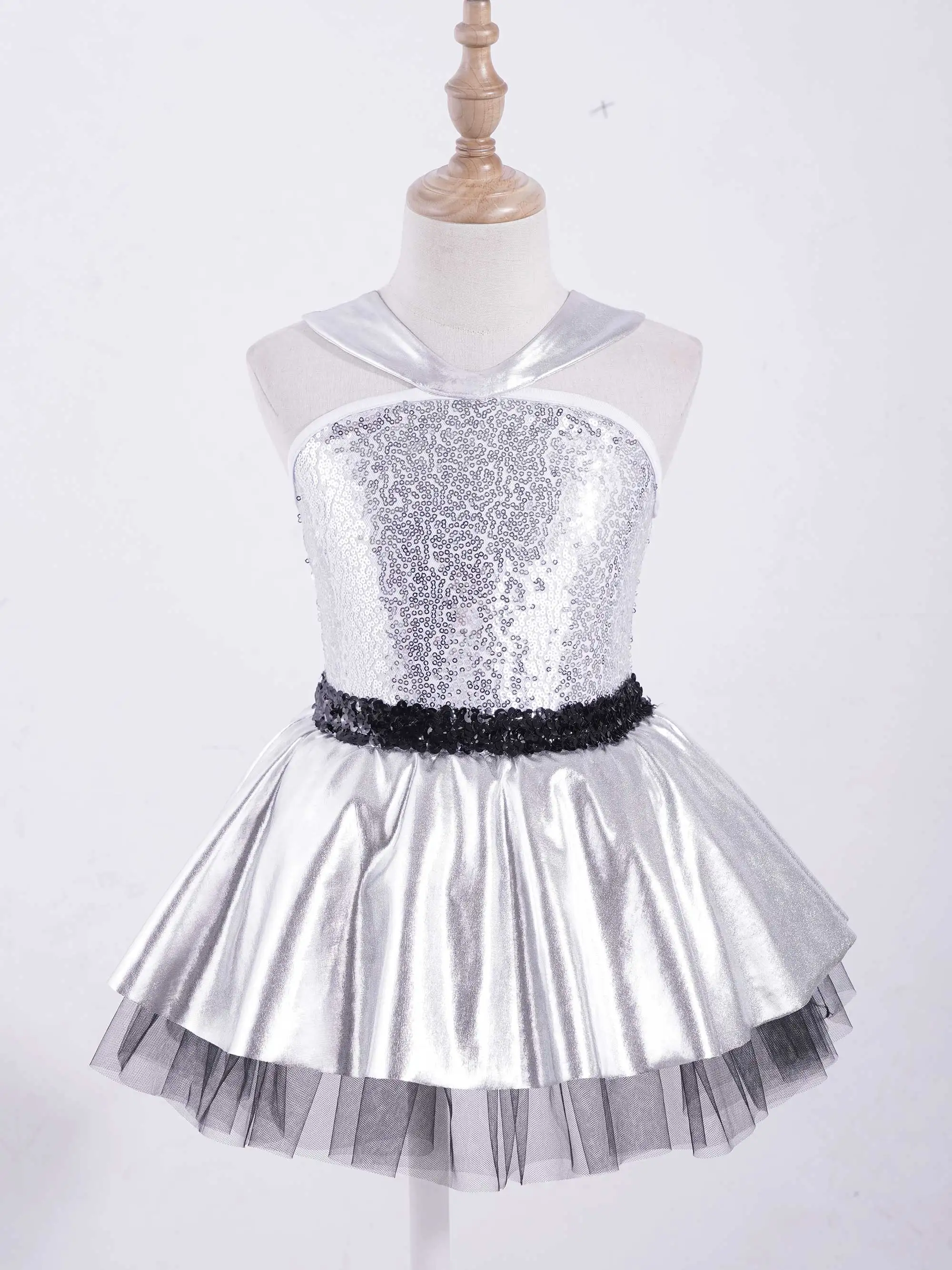 Lantejoulas ballet collant ginástica vestido criança meninas brilhante bronzeamento malha tule moderno jazz dança traje bailarina tutu dancewear