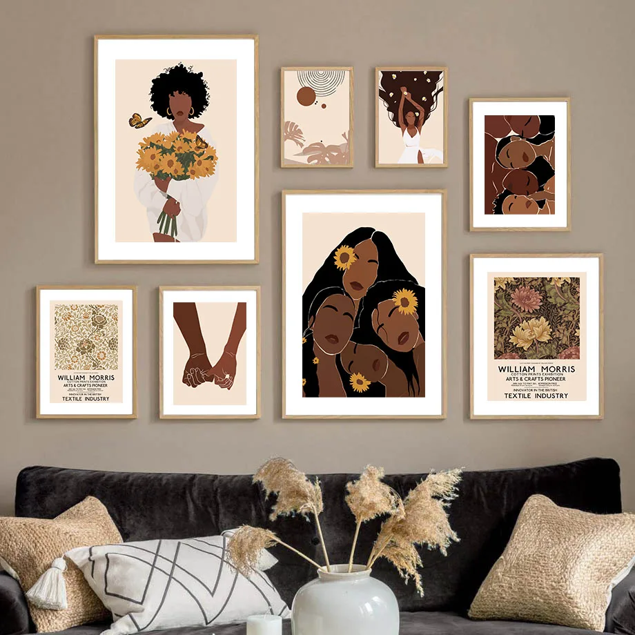 

Boho Black Girl Flower William Morris Nordic Posters And Prints Wall Art Canvas Painting Abstract Pictures For Living Room Decor