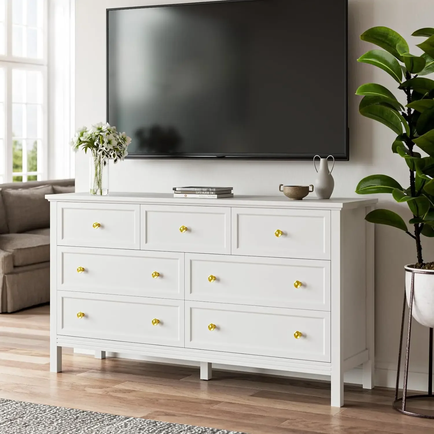 White Dresser for Bedroom with 7 Drawers, 55'' Large Wood Dresser with Gold Handles, Modern Wide Chest of Storage Drawers