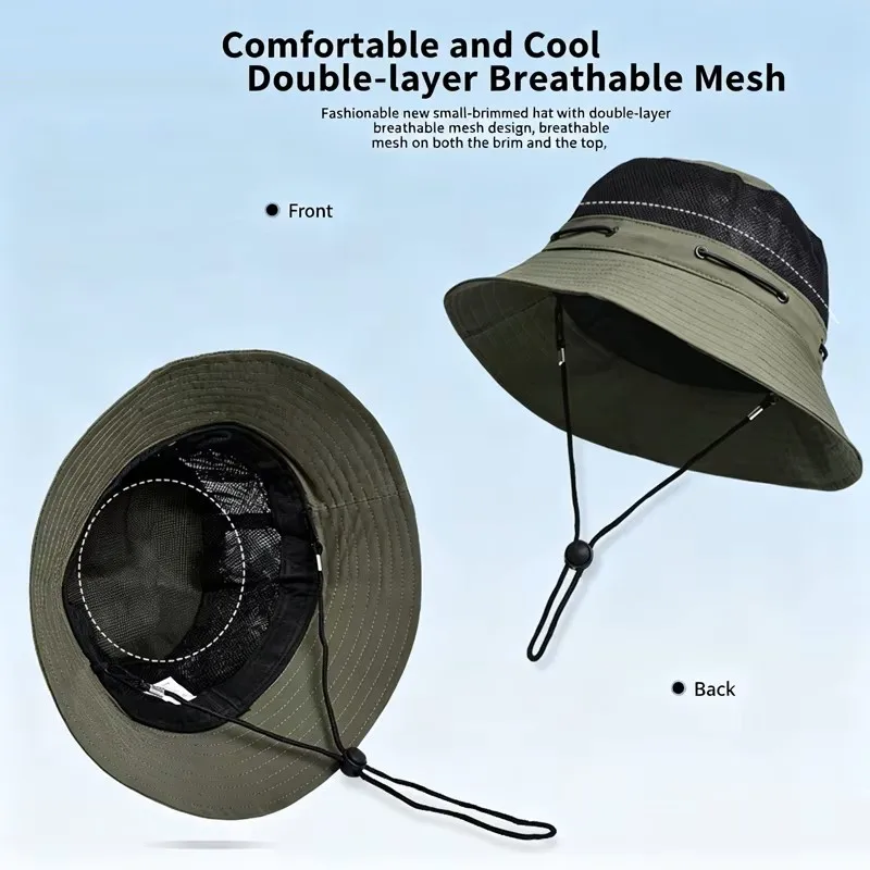 Breathable Mesh Panel Bucket Hat, Unisex UPF50+ Wide Brim Windproof Chin Strap Outdoor Fishing Sun Cap