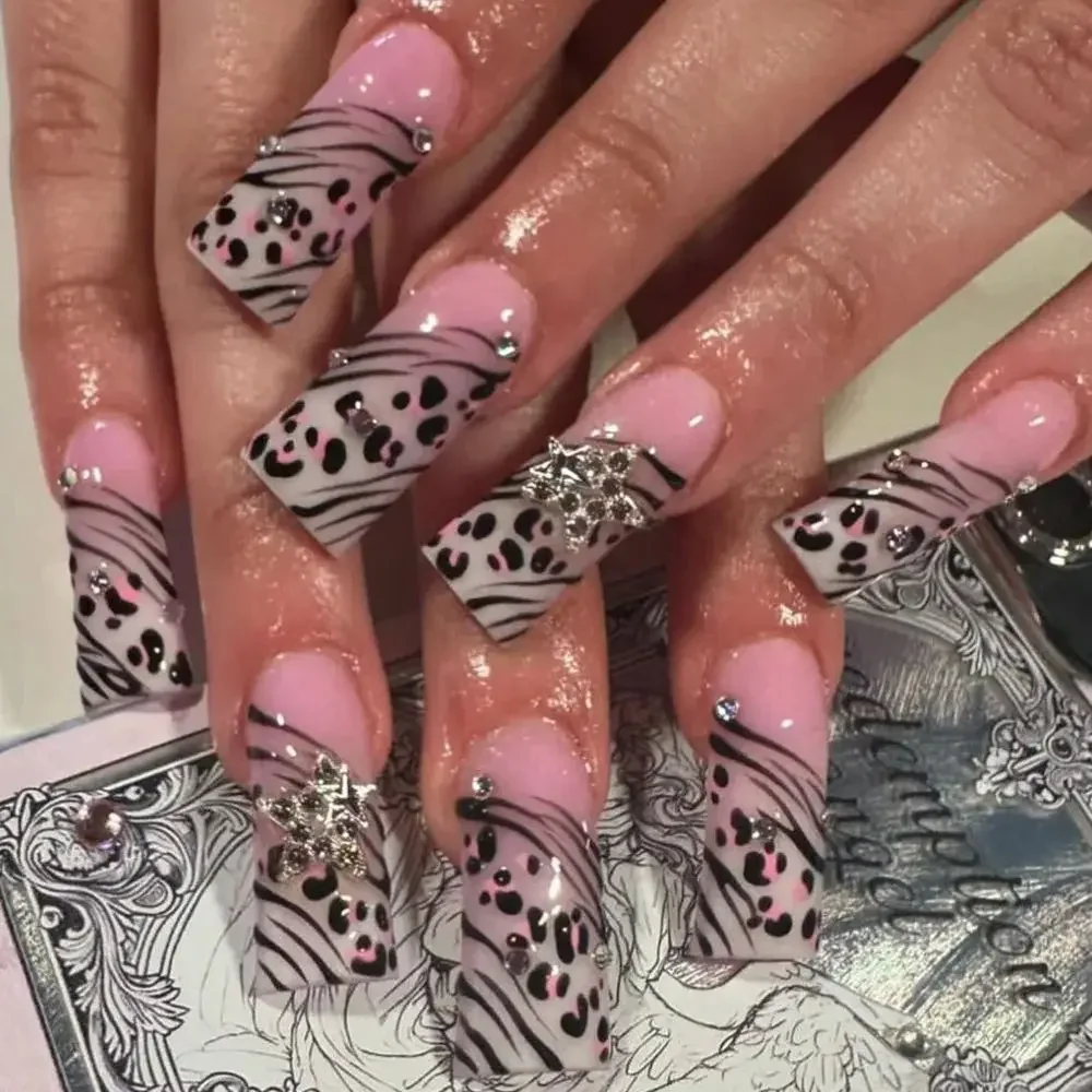 Francês doce rosa branco flores leopardo impressão quadrado unhas falsas arte prego falso charme ponta tempero menina imprensa em unhas manicure ferramenta