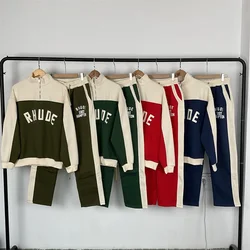 Zippered Color-blocked Letter Printed Stand-up Collar Velvet Sweatshirt Men Women Loose Casual Trousers Suit