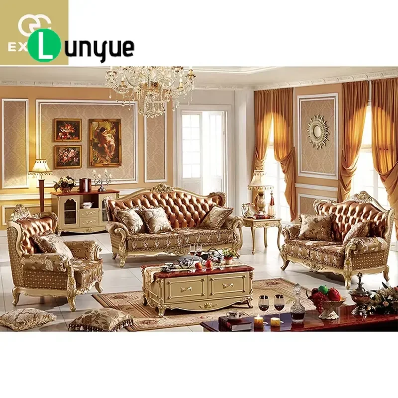 European Luxury Antique Gold Leather Sofa Cover Classic Villa Furniture Custom New Design Elegant Home Decor Protection