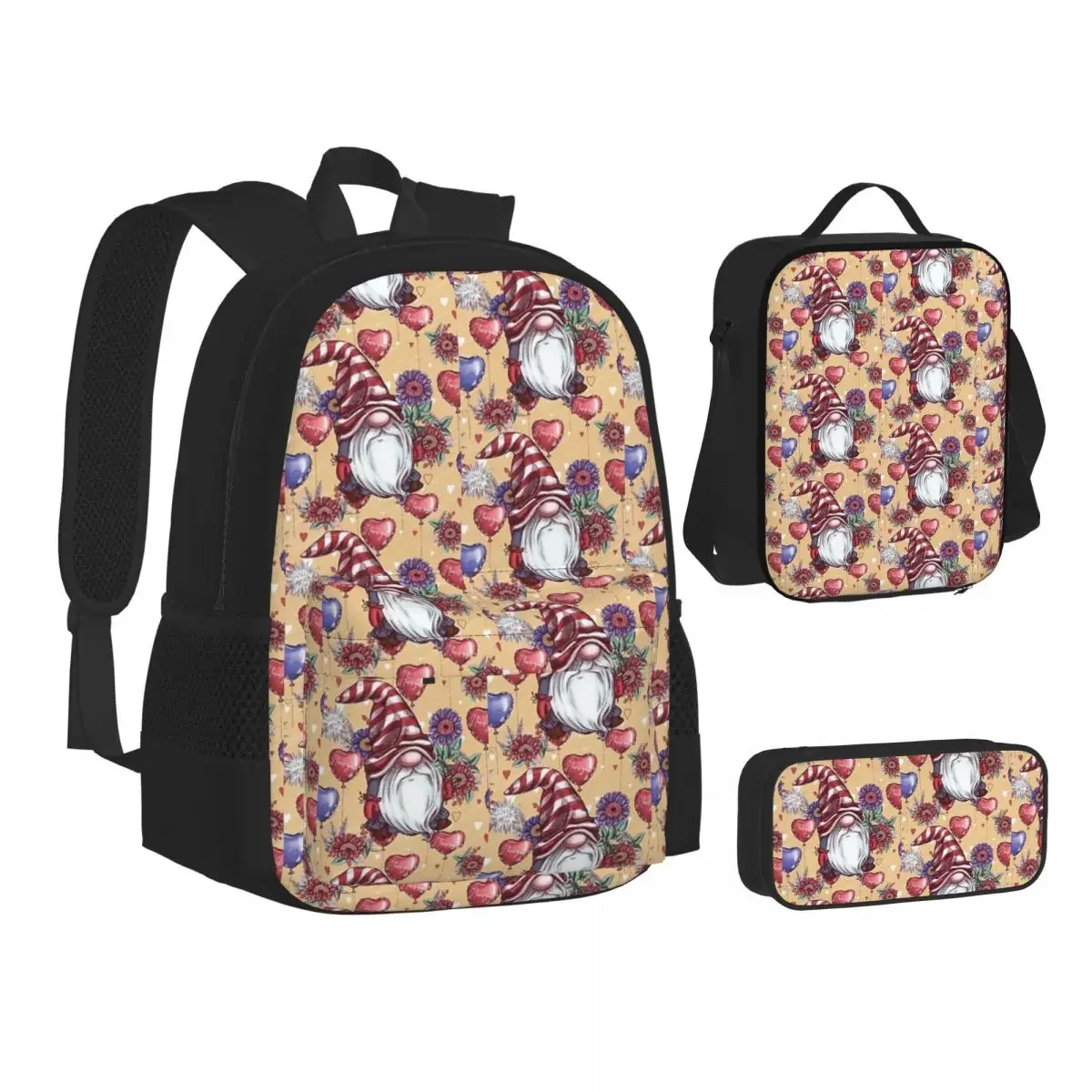 Flowers With Love From Mr Gnome Backpack Boys Girls Bookbag Children School Bags Kids Rucksack Lunch Bag Pen Bag Three-Piece Set