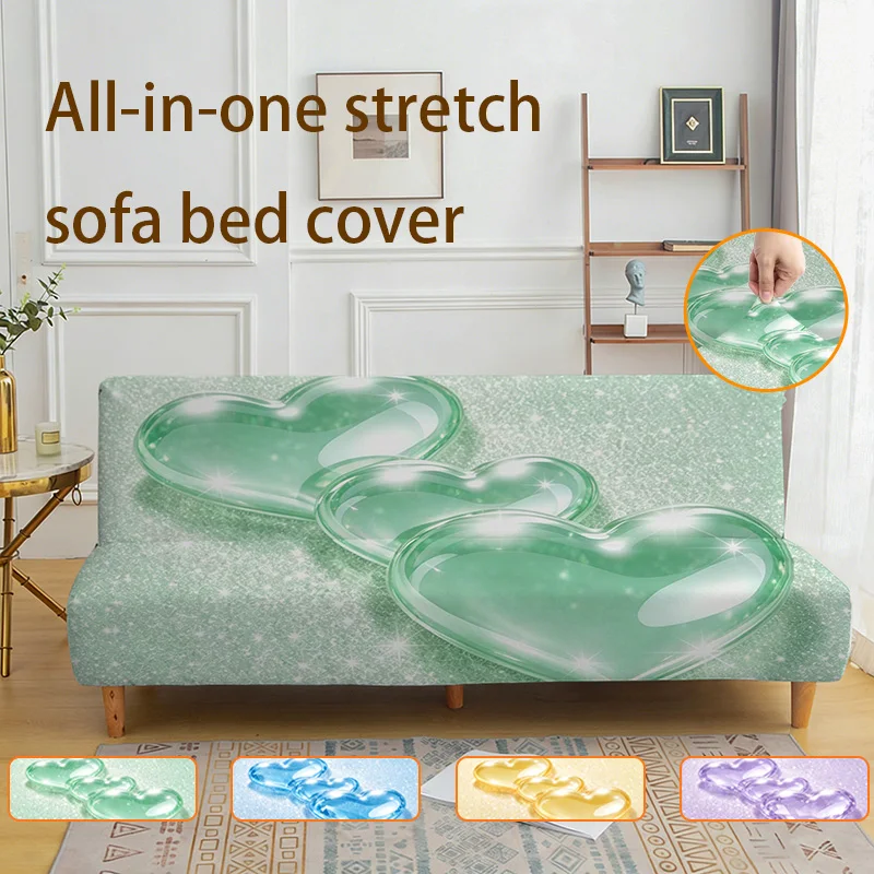Armrest-free elastic sofa bed cover, crystal love printing pattern, dust-proof machine-washable sofa bed cover