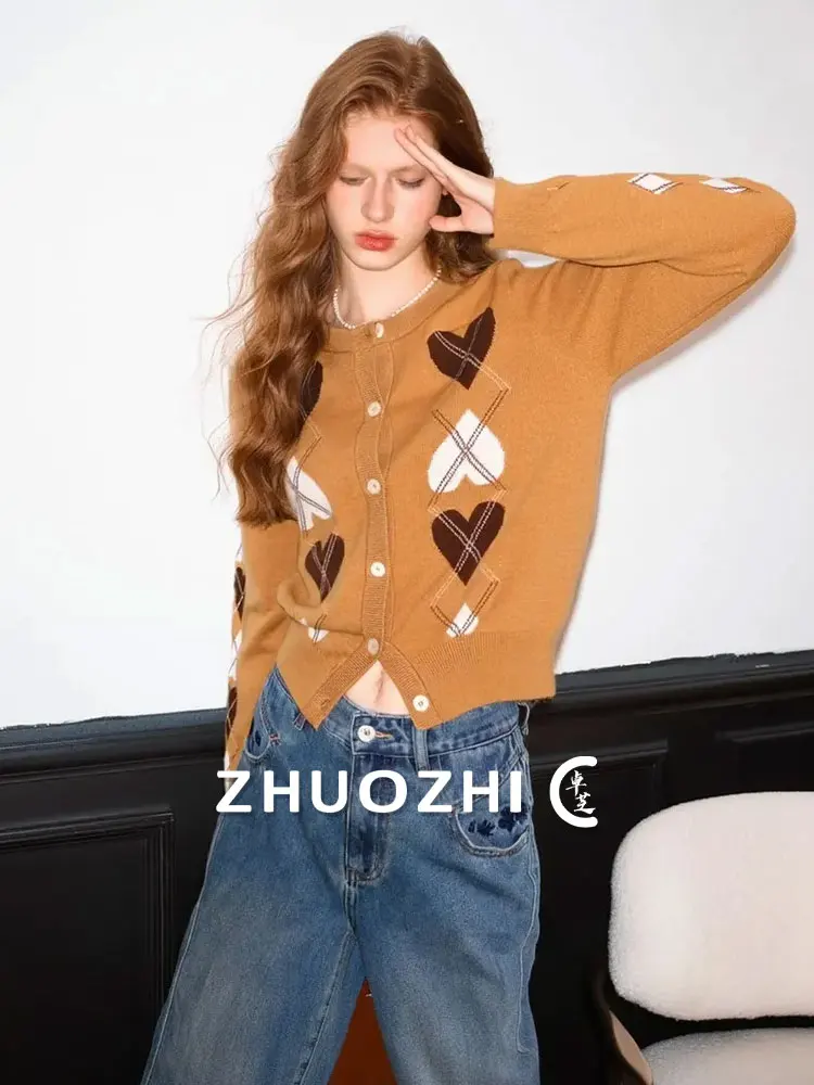 

ZhuoZhi Mermaid Knitted Long Sve round Ne Color Blo Heart Patterned Open Cardigan Soft Commute Sle Women's Knitwear