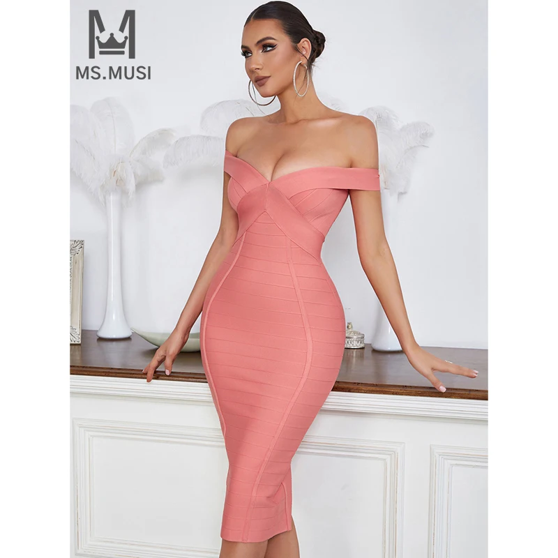 

MSMUSI 2024 New Fashion Women Sexy Off The Shoulder Corset Stripe Sleeveless Bandage Bodycon Party Club Slim Midi Dress Vestidos