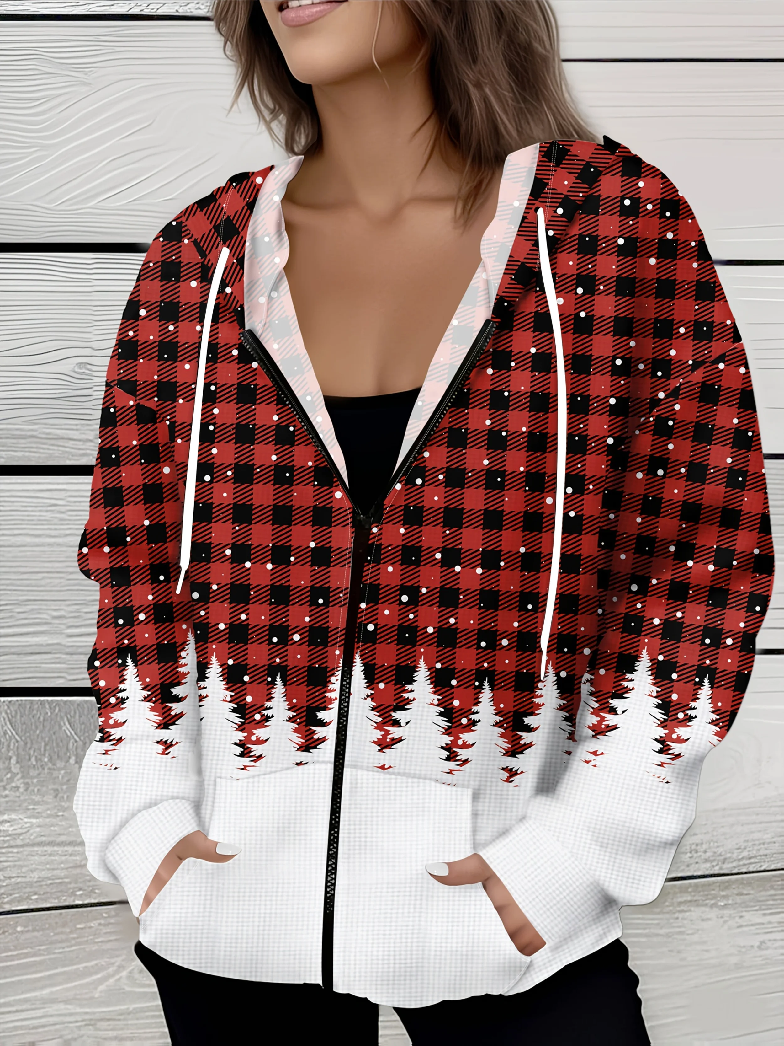 

Red Black Plaid Hooded Jacket for Men Women Fall Winter Casual Long Sleeve Zip Up Outerwear Streetwear Fashion Lightweight