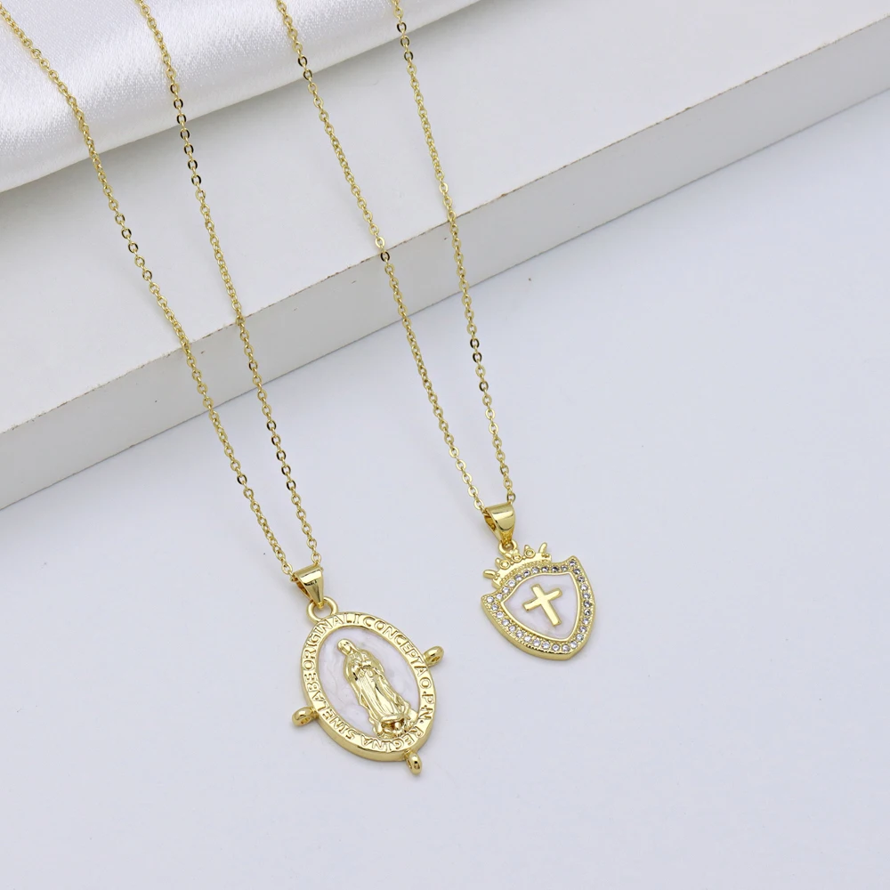 5 pcs/Lot Gold Plated Brass Shell CZ Oval Virgin Mary Shield Cross Pendant Chain Necklace Religious Catholic Clavicle Jewelry