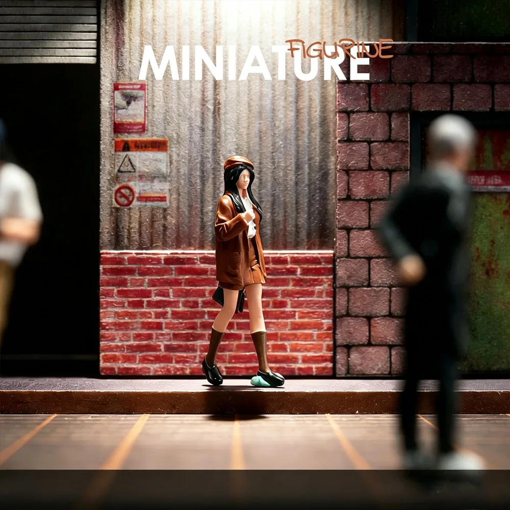 1:64 Scale Brown Trench Coat Beret Girl Mini Resin Figure Diorama Match 3D Color Print Figurine Desk Ornament Mini Shoot Match
