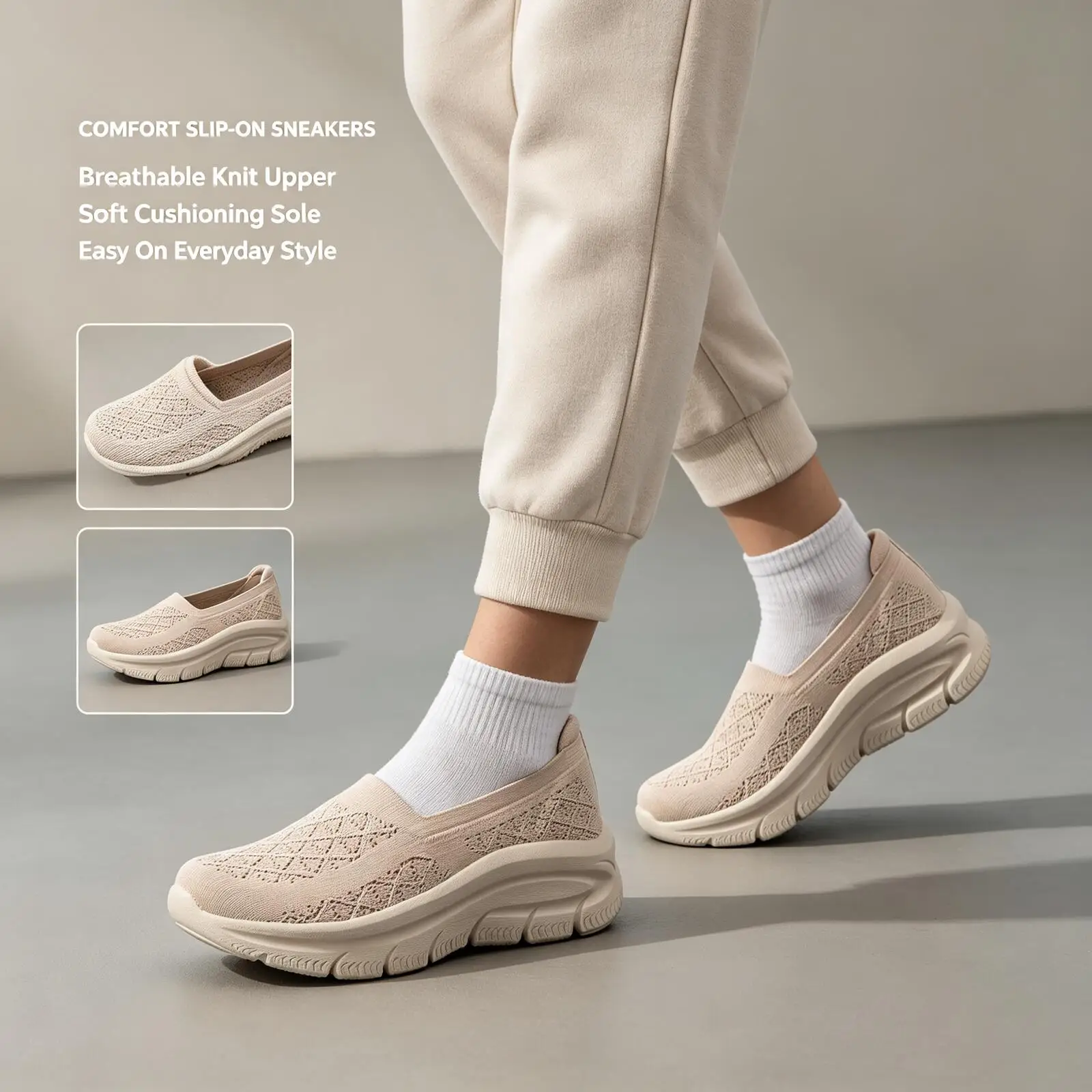 Hot Skechers Women Beige Knit Slip-On Shoes Lightweight Breathable Textile Upper Cushioned Sole Casual Sneakers for Everyday Com
