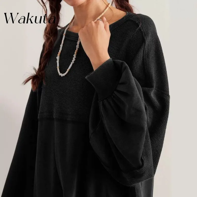 WAKUTA Fashion Patchwork Round Neck Lantern Sleeves High-end Hoodies Casual Loose Slit Comfortable Extended K Pop Sweatshirts