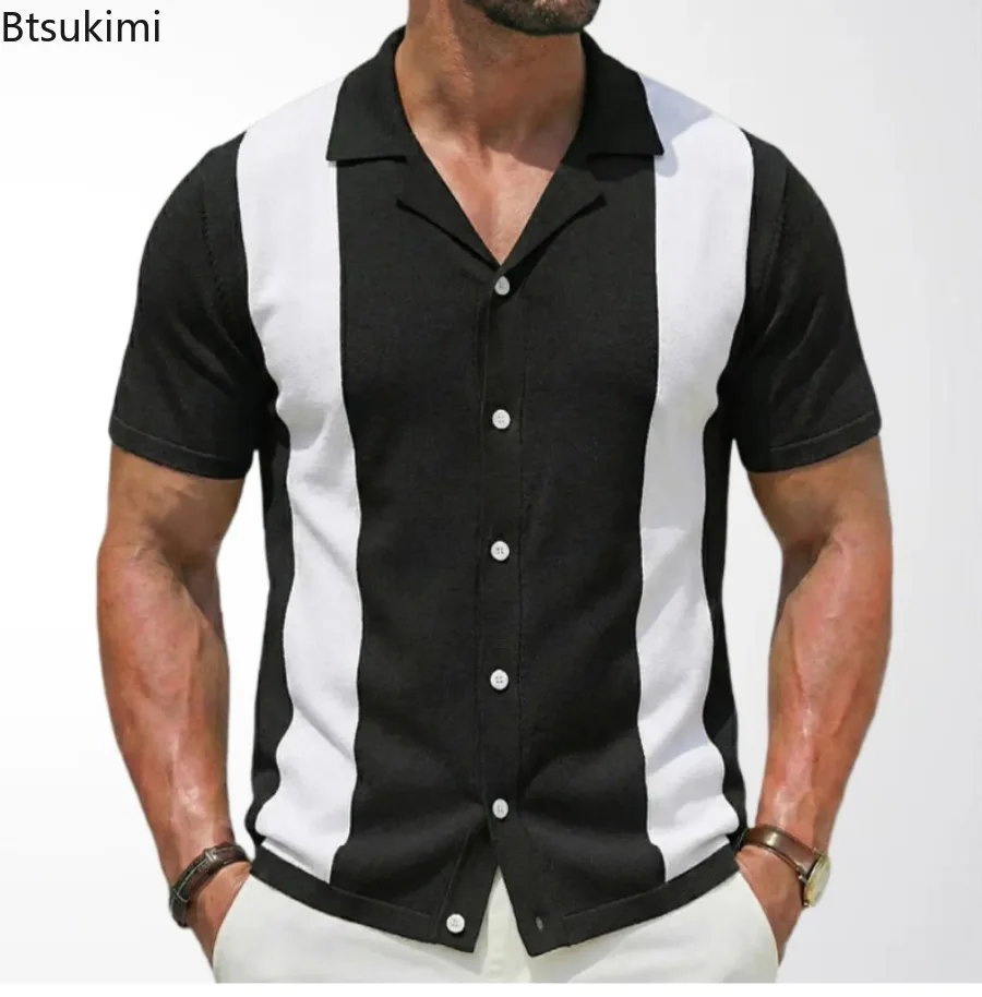 2026 New Men\'s Striped Patchwork Knitwear Summer Men Half Zip Knit Pullovers T-shirt Man Business Casual Short Sleeve Polo Shirt