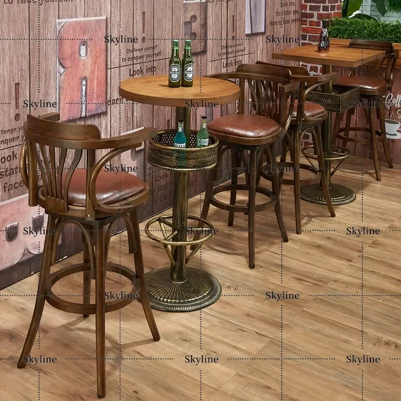 for Retro Solid Wood Rotating High Bar Stool Casual Cafe American Restaurant Clear Bar Table and Chair Combination