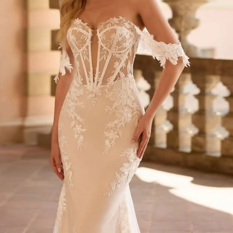 

Белые свадебные платья с открытыми плечами, корсет, цветочная наклейка, свадебные платья, украшение «рыбий хвост», многослойное производство ﻿ Настроить