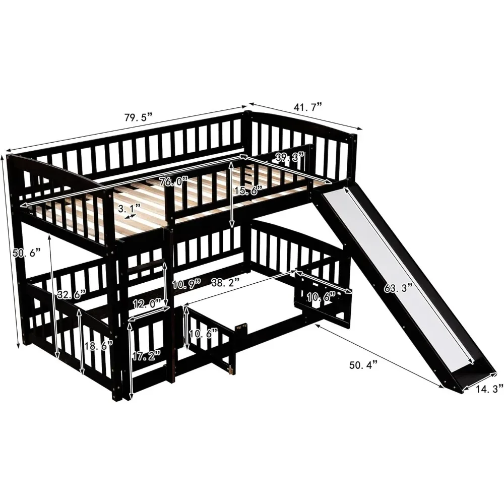 Low Kids Bunk Bed with Slide, Twin Over Twin Bunk Bed Frame with Fence,Ladder,Safety Guardrail,Wood Bunk Bed with Fun Small Door