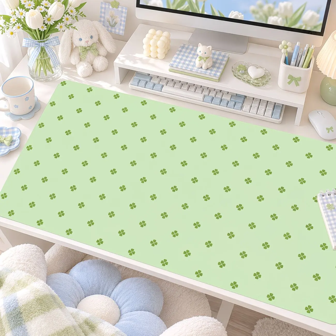 Green Polka Dot Bow PU Leather Mousepad Office Desk Mat Mouse Pad Computer Speed Type Carpet Mat Player Laptop Keyboard Cartoon