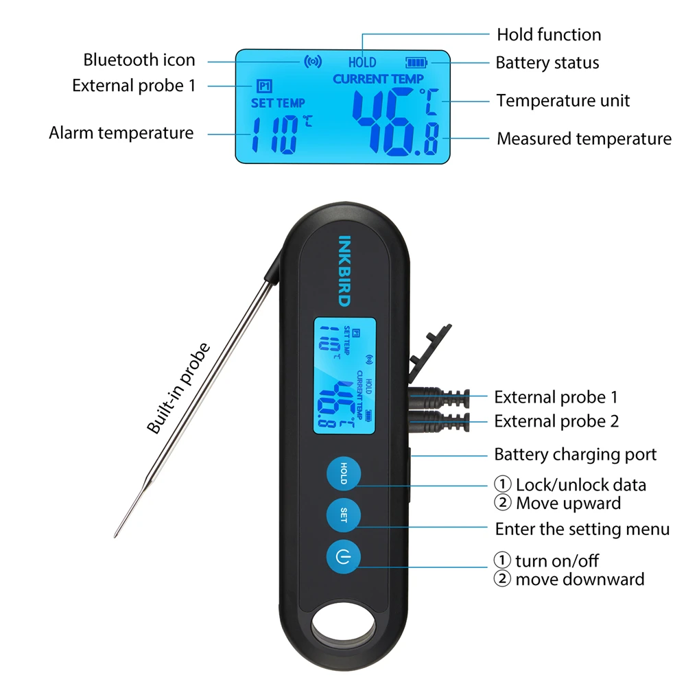 INKBIRD IHT-2PB Bluetooth-compatible Food Thermometer With 2/3 Temperature Probes Backlit LCD Timer Alarm Calibration 2s Readout